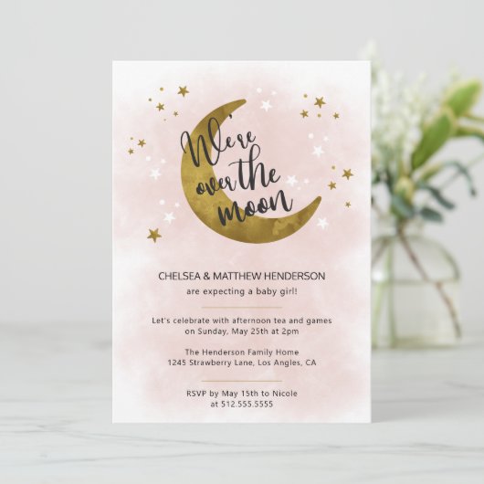 月の赤モダンん坊のシャワーにピンクの書道 招待状 (スタンド正面)