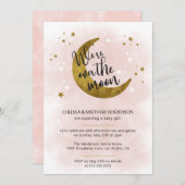 月の赤モダンん坊のシャワーにピンクの書道 招待状 (正面/裏面)