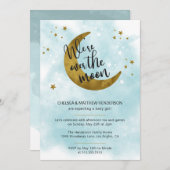 月の赤モダンん坊のシャワーを浴びる青い書道 招待状 (正面/裏面)