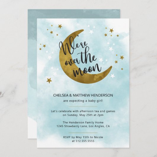 月の赤モダンん坊のシャワーを浴びる青い書道 招待状 (正面/裏面)