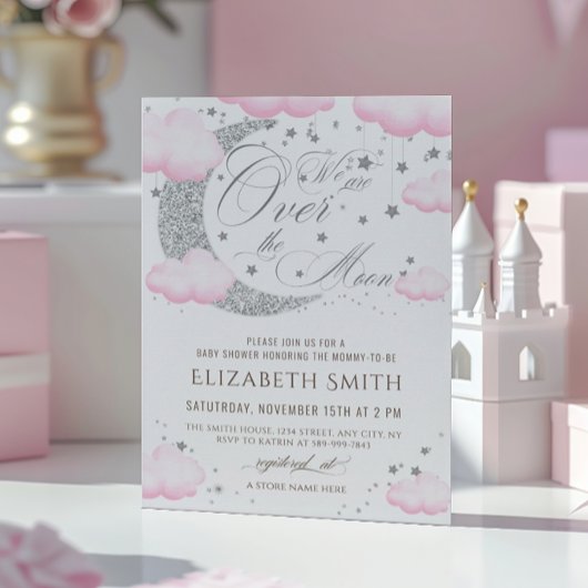 月の銀ピンクの赤ちゃんシャワーの上 招待状