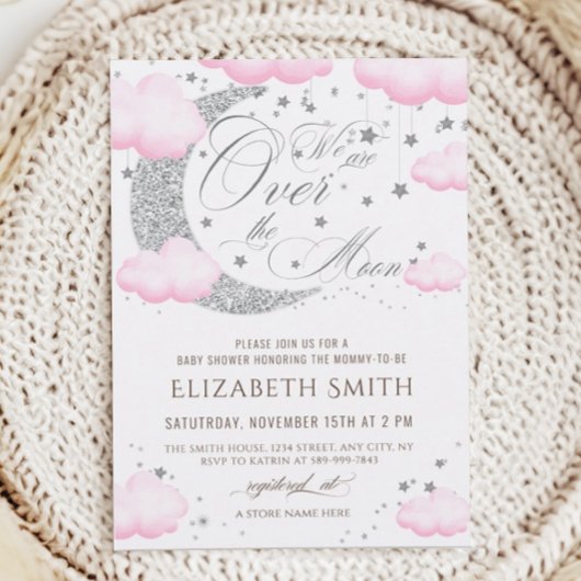 月の銀ピンクの赤ちゃんシャワーの上 招待状