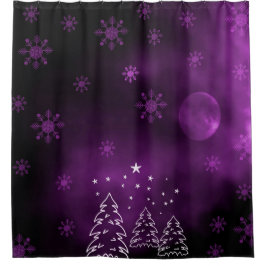 月の雪の森と紫の冬の夜 シャワーカーテン