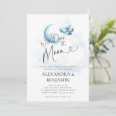 月の雲の上で飛行機のコード男の赤ちゃんシャワー 招待状 (スタンド正面)