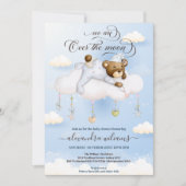 月の青いテディベア ベイビーシャワー 招待状 (正面)