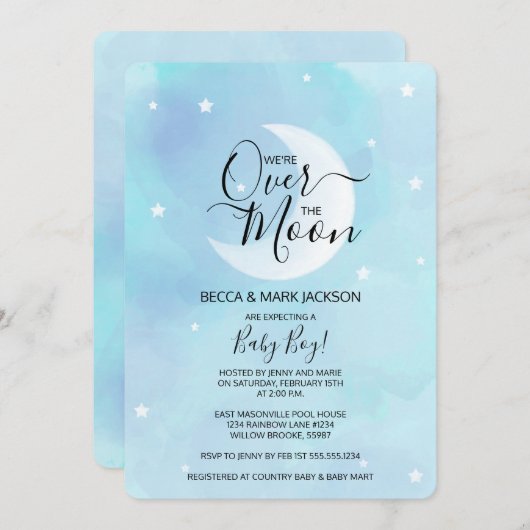 月の青い水色のベビーシャワーの上 招待状 (正面/裏面)