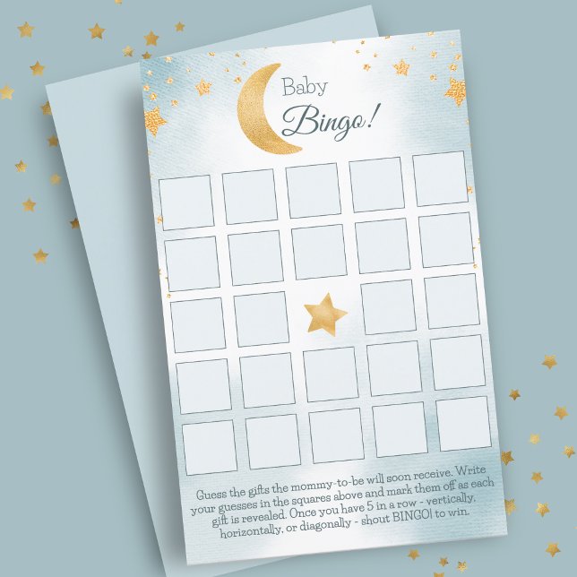 月の青い男の子のベビーシャワービンゴカードの上 (Over the Moon Blue Boy Baby Shower Bingo Card)