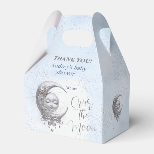 月の青い男の子の赤ちゃんのシャワーお願いボックスの上 フェイバーボックス (正面サイド)