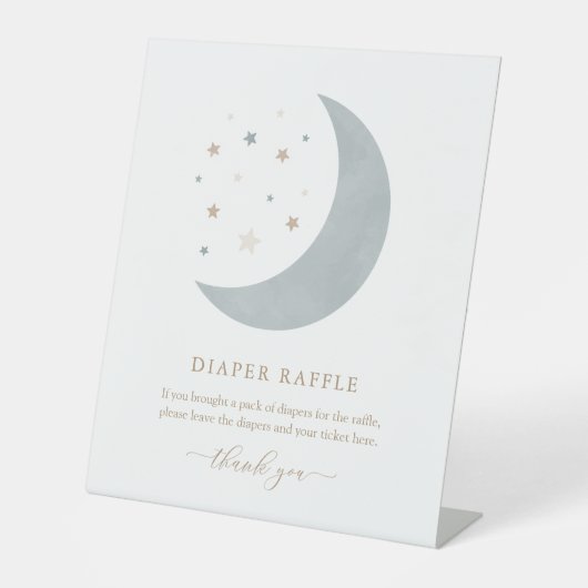 月の青い男の子の赤ちゃんシャワーおむつラッフル 台座サイン (正面)