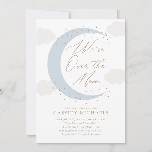 月の青い男の子の赤ん坊のシャワー越え 招待状 (正面)