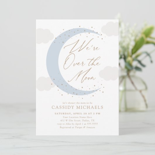 月の青い男の子の赤ん坊のシャワー越え 招待状 (スタンド正面)