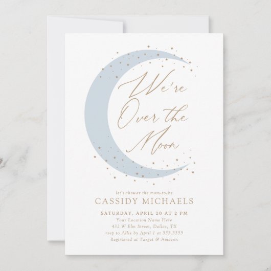 月の青い男の子の赤ん坊のシャワー越え 招待状 (正面)