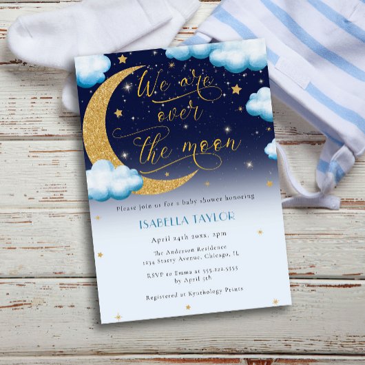 月の青い男の子の赤ん坊のシャワー越え 招待状