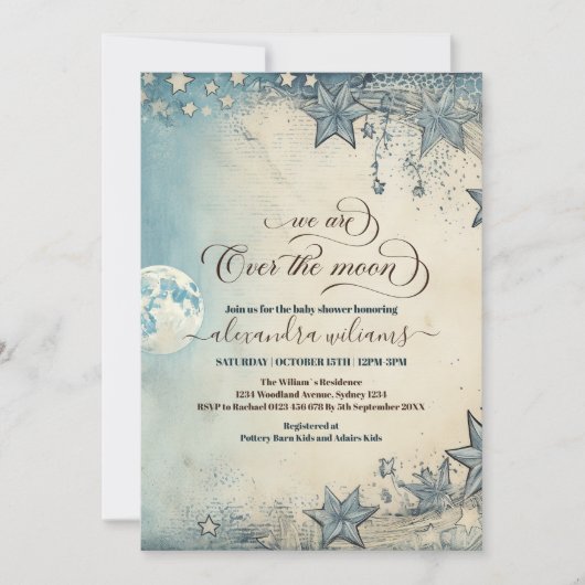 月の青い男の子の赤ん坊のシャワー越え 招待状 (正面)