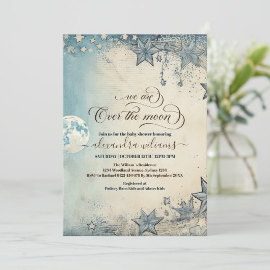 月の青い男の子の赤ん坊のシャワー越え 招待状 (スタンド正面)