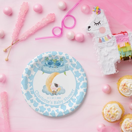 月の青い赤ちゃんシャワーにかわいい牛 ペーパープレート (パーティー)