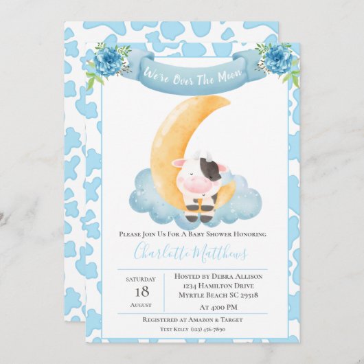 月の青い赤ちゃんシャワーにかわいい牛 招待状 (正面/裏面)