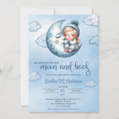 月の青い赤ちゃんシャワーの上で眠る可愛い女の子 招待状 (正面)