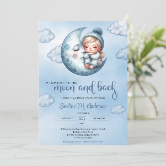 月の青い赤ちゃんシャワーの上で眠る可愛い女の子 招待状 (スタンド正面)