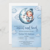 月の青い赤ちゃんシャワーの上で眠る可愛い女の子 招待状 (正面/裏面)
