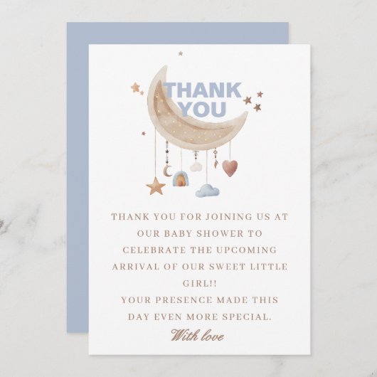 月の青い赤ちゃんシャワーを夢見る サンキューカード (正面/裏面)