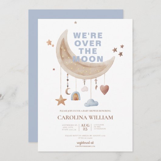 月の青い赤ちゃんシャワーを夢見る 招待状 (正面/裏面)