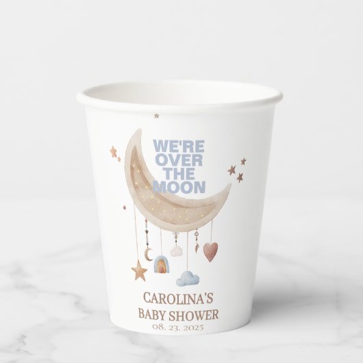 月の青い赤ちゃんシャワーを夢見る 紙コップ (正面)