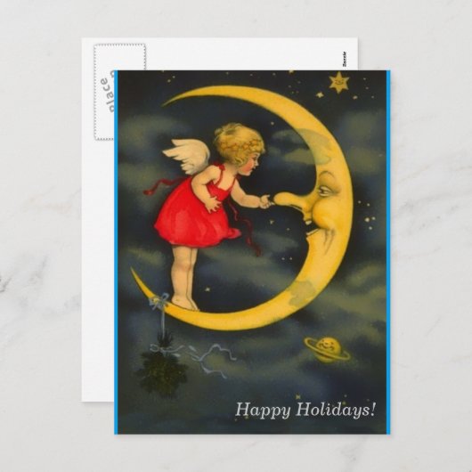 月の鼻の人をつまむクリスマスの天使 シーズンポストカード (正面/裏面)