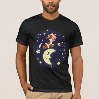 月のTシャツを飛び越えるかわいい漫画の牛 Tシャツ