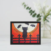 月はがきのフェンスに乗ったハロウィン猫 ポストカード (スタンド正面)