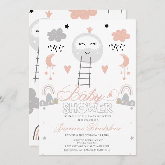 月への赤ちゃんシャワーの道 招待状 (正面/裏面)