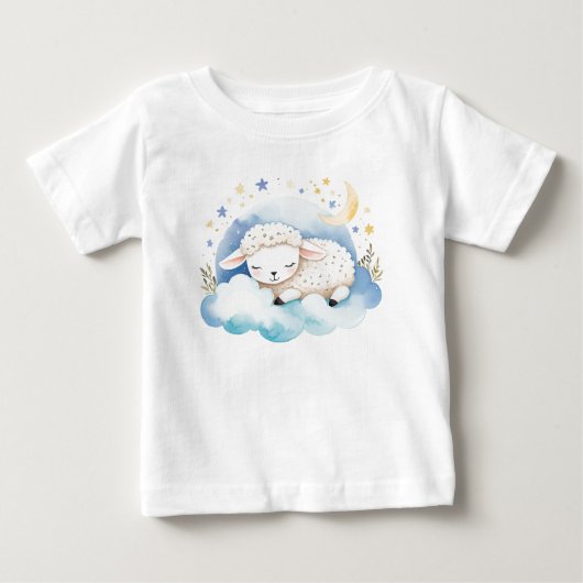 月をバックにしたかわいい赤ちゃんの子羊 - ベビーTシャツ (正面)