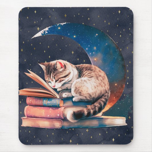 月をバックに本を読むかわいい猫 マウスパッド (正面)