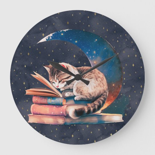 月をバックに本を読むかわいい猫 ラージ壁時計 (正面)