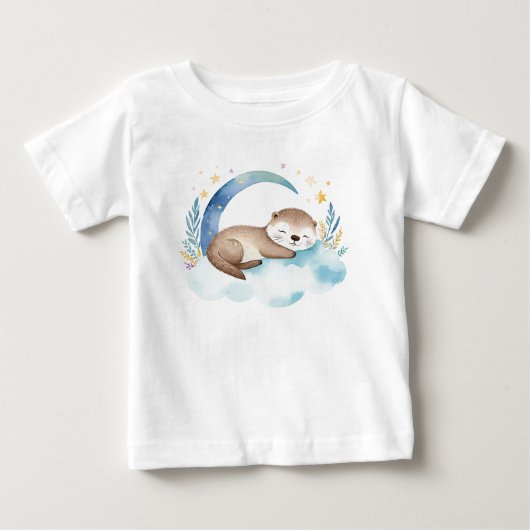 月をバックに赤ちゃんカワウソ – ベビーTシャツ (正面)
