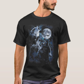 月を仰ぐオオカミの群れ 星空の野生動物 オオカミ Tシャツ