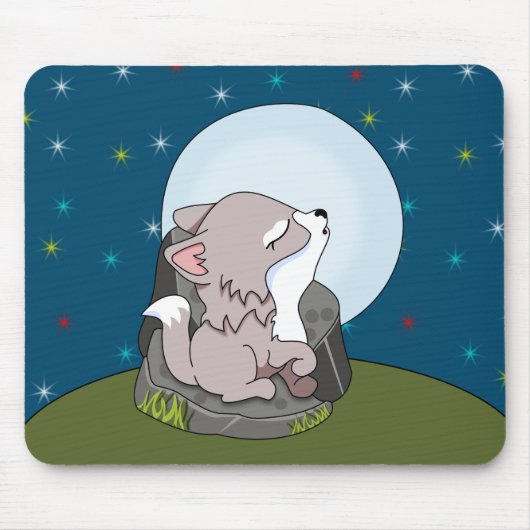 月を仰ぐ赤ちゃんオオカミ マウスパッド (正面)