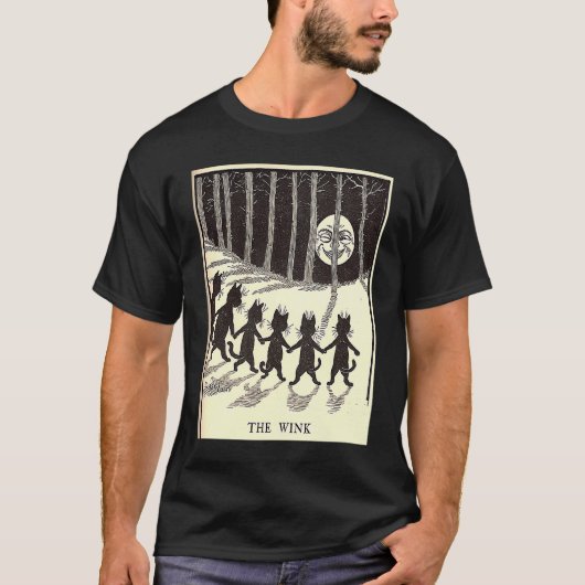 月を囲んで踊るウィンク・ウェイン・キャッツ Tシャツ (正面)