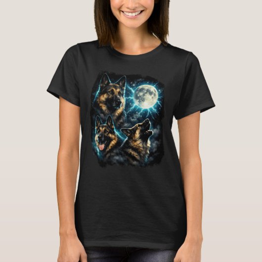 月を眺めて吠えるジャーマンシェパード Tシャツ (正面)