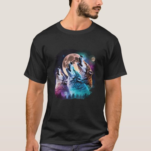 月を眺めるほえる三匹の狼 狼好きの方に Tシャツ (正面)