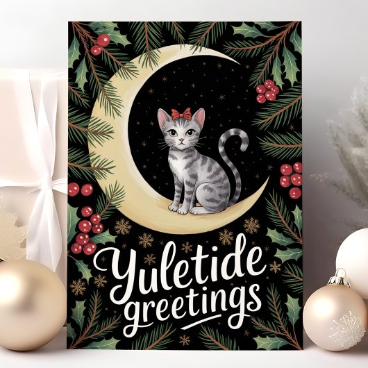 月を眺めるクリスマスの猫 シーズンカード