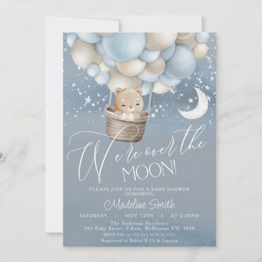 月を背景にしたクマの気球　男の子ベビーシャワーのお誘い 招待状 (正面)