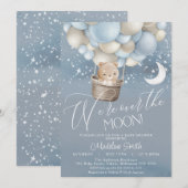 月を背景にしたクマの気球　男の子ベビーシャワーのお誘い 招待状 (正面/裏面)