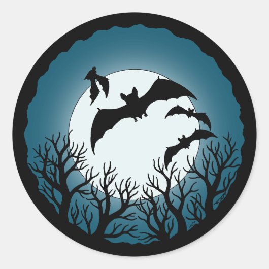 月を背景にしたコウモリと木 ラウンドシール (正面)
