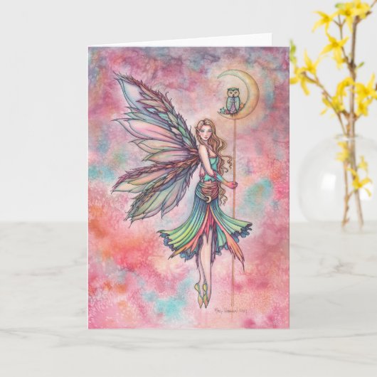 月を背景にした幻想的な芸術作品の妖精とフクロウ 色あそび カード (黄色い花)