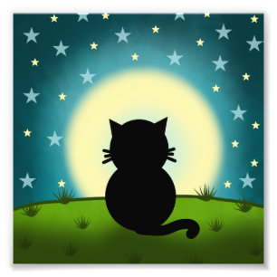月を見つめる黒猫 フォトプリント