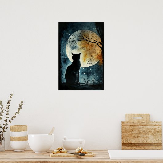 月を見る黒猫 ポスター (キッチン)