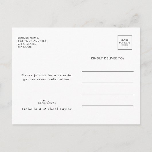 月を超えるかわいいジェンダーの登場パーティー インビテーションポストカード (裏面)