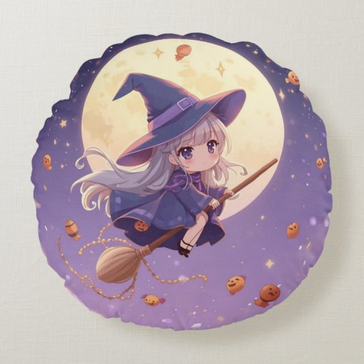 月を飛ぶ愛らしい魔女の丸いクッション ラウンドクッション (正面)