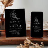 月エレガントと星ブラックフォト結婚ズ 招待状